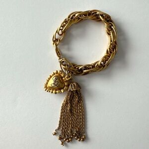 Betsey Johnson Vintage Chunky Gold Chain Link & Heart Charm Fringe Bracelet